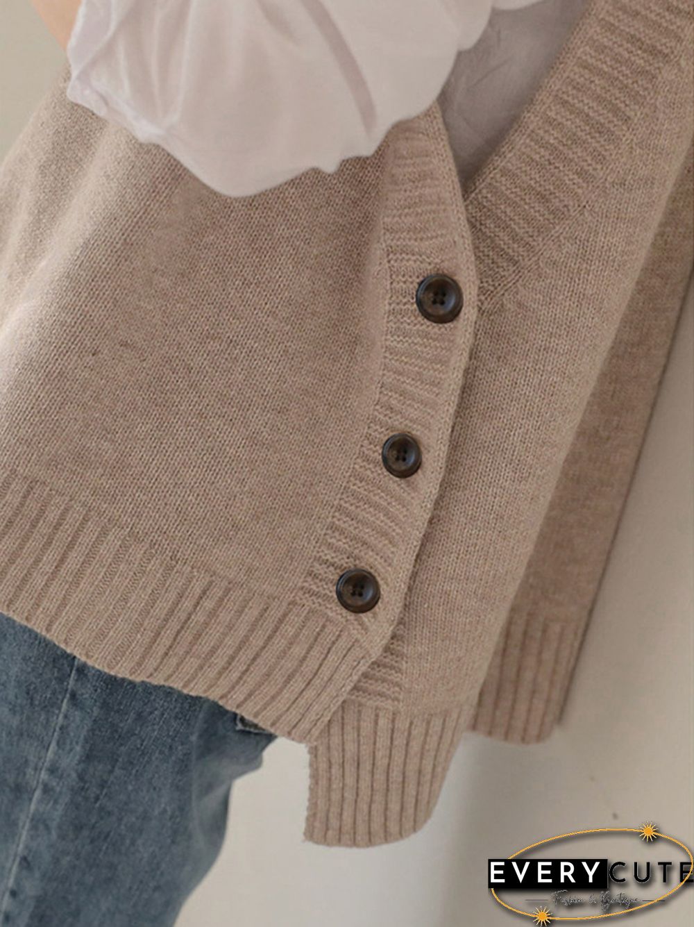 Simple Sleeveless Loose Buttoned Solid Color Round-Neck Sweater Vest Outerwear