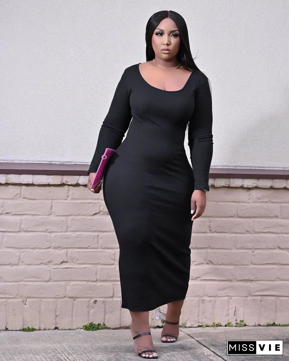 Long Sleeve U Collar Solid Plus Size Maxi Dress