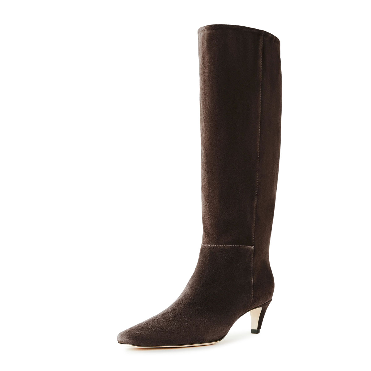 Dark Brown Square Toe Pull-On Knee-High Long Boots with Kitten Heel Nicepairs
