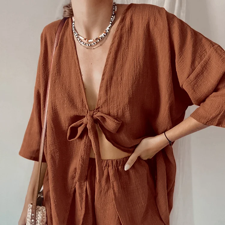 Ladies Cotton And Linen Loose Two-piece Set