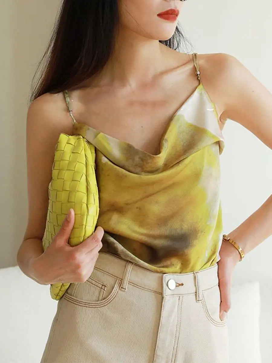 Cowl Neck Tie-Dye Printed Satin Camisole Tank Tops