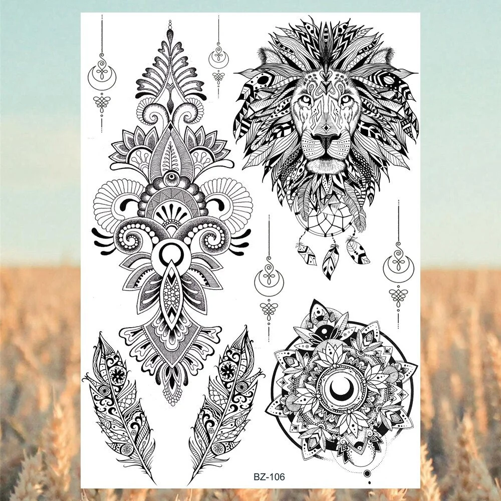 Black Henna Lotus Pendant Underboob Mandala Feather Temporary Tattoos For Women Adult Butterfly Whale Fake Tattoo Arm Tatoo