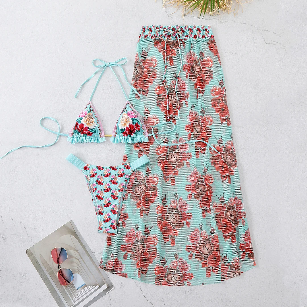 Uveng Three-Point Strap Bikini Skirt Three-Piece Set Retro Print 2025 New Split Swimsuit Lady