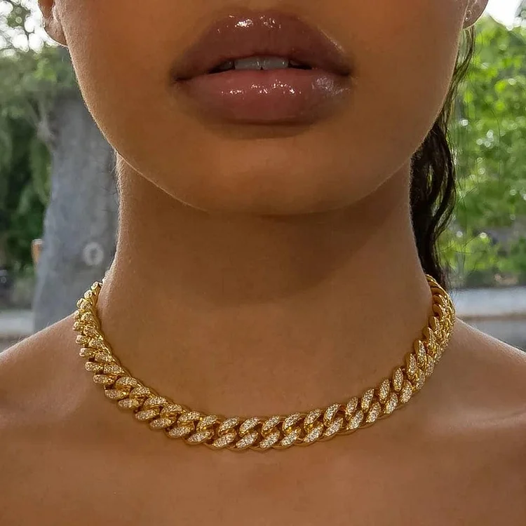 Baguette Chain Female Diamond Gold Silver Miami Cuban Necklace Iced Out Chain 8mm Hip Hop Rapper Jewelry 18 Inches
