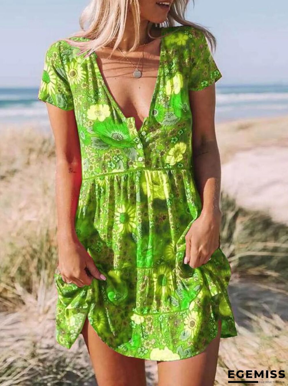 New Women's Printed V-neck Short Sleeve Dress | EGEMISS