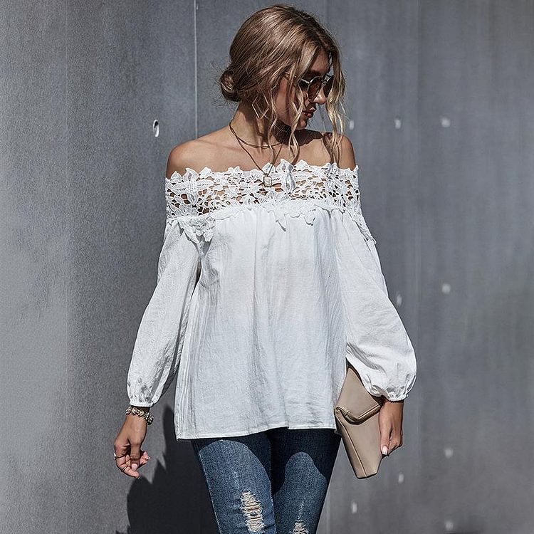 Casual Women's Lace Stitching Sexy Word Shoulder Coat