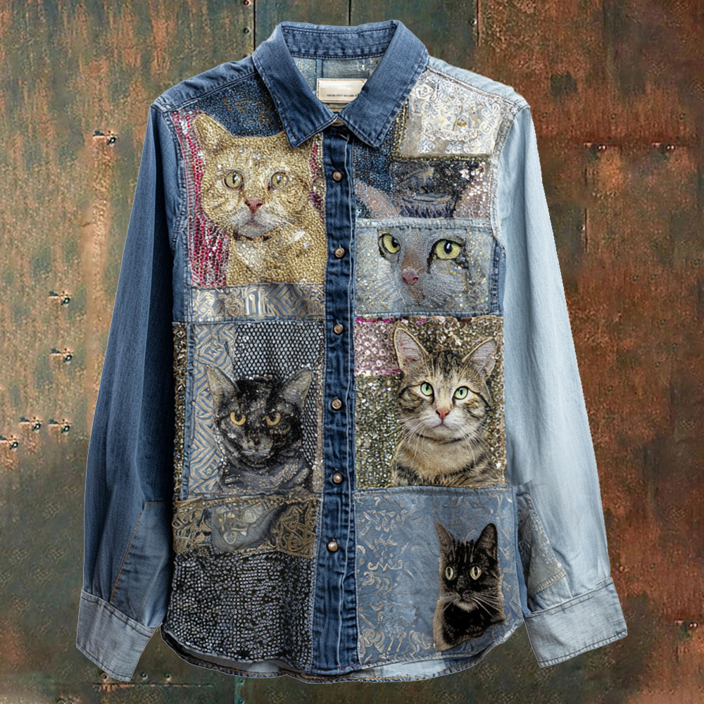 Vintage Cat Portrait Art Women's Long Sleeve Denim Shirt elevenforest