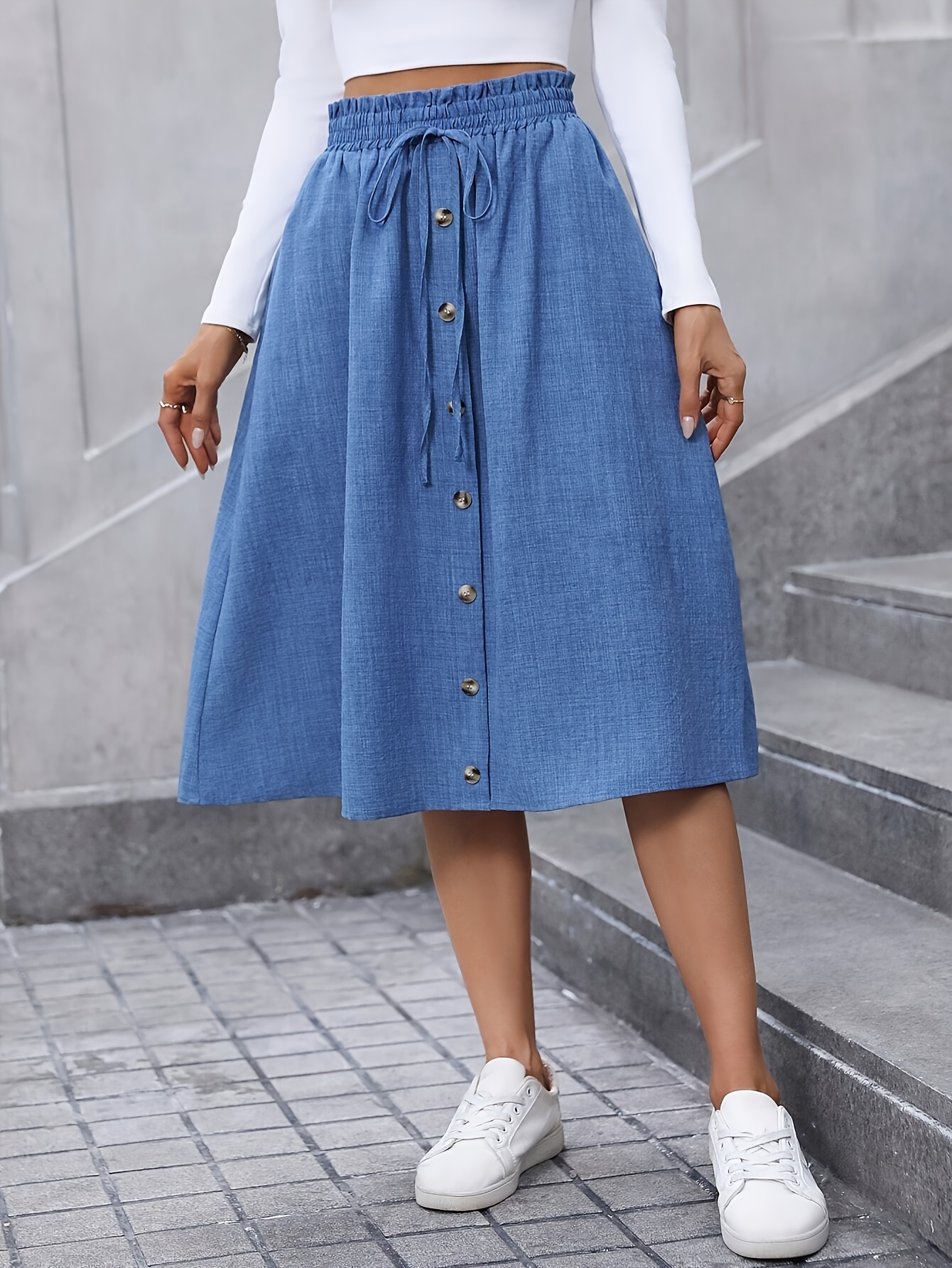 Womens Elegant High-Waisted Flared Skirt Solid Color 100 Polyester Machine Washable Spring | IFYHOME