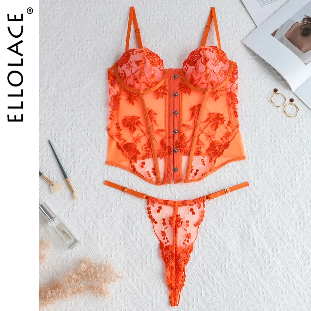 Billionm Corset Lingerie Fancy Lace Underwear Transparent Embroidery Erotic Outfits Thongs Fitness Front Closure Orange 2-Pieces