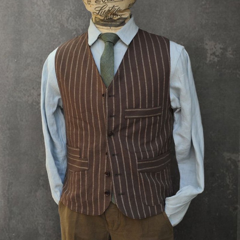 Men's Cotton And Linen Striped Single-Breasted Vest