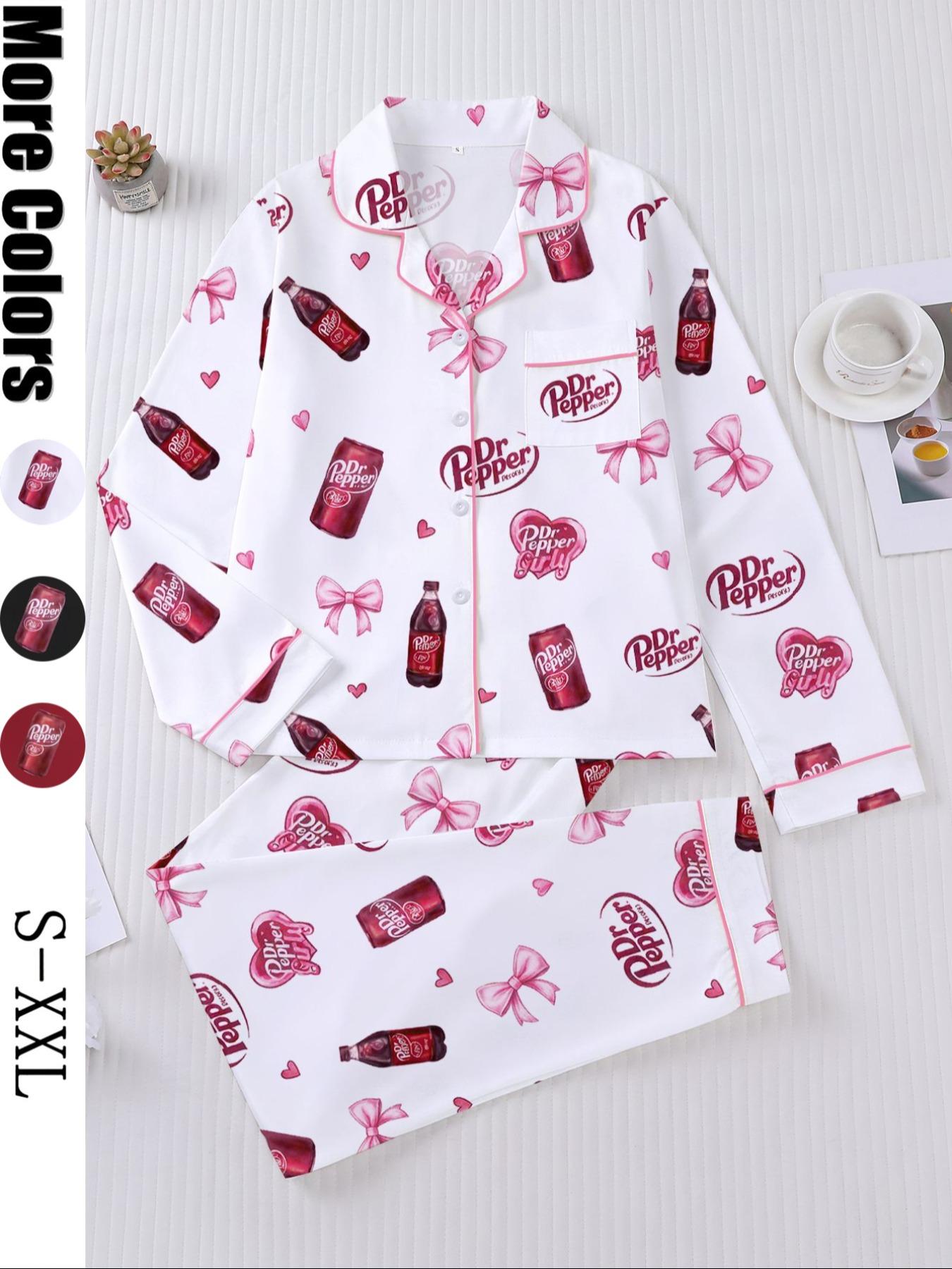 Women's Heart-shaped drink bottle Sleepwear Set, Long Sleeve Button-Up Top & Elastic Pants, Casual Home Wear, Party, Pajamas