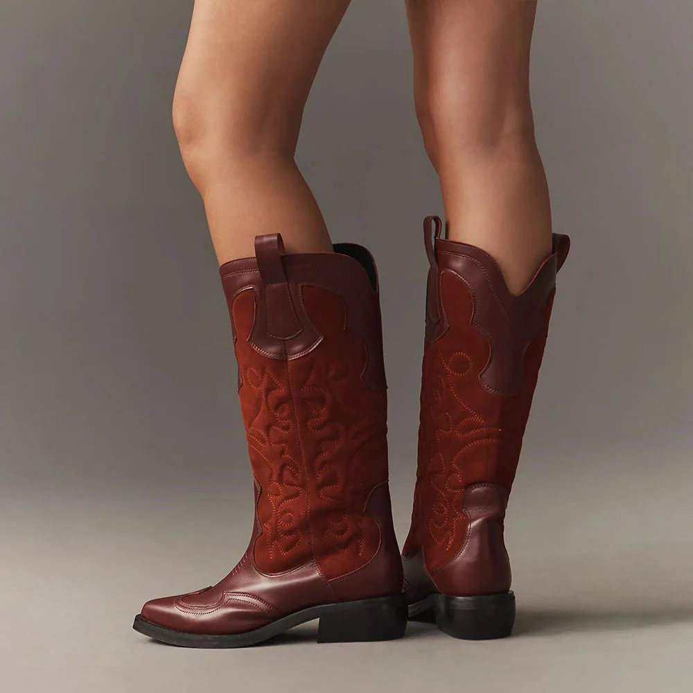 Maroon Patchwork Snip Toe Low Heel Cowgirl Boots with Embroidery