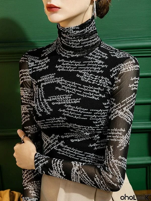 Long Sleeves Skinny Gauze Letter Print High-Neck T-Shirts
