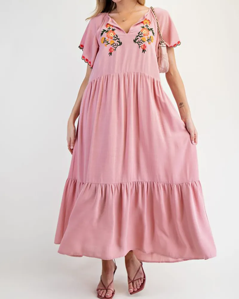 Floral Embroidery V Neck Short Sleeve Maxi Dress