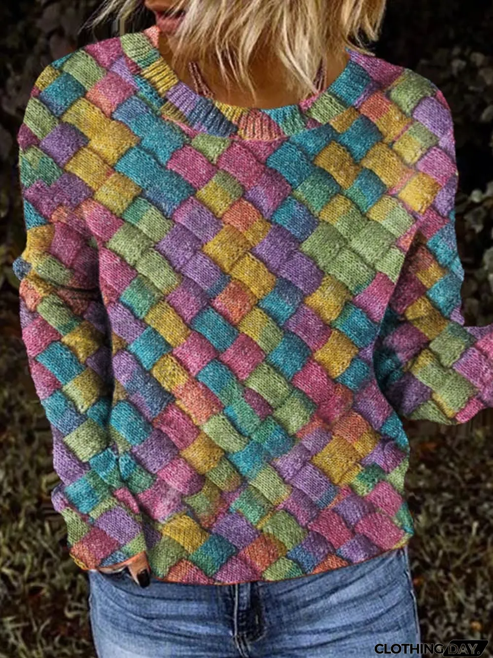 Women's Retro Casual Printed Crew Neck Sweater