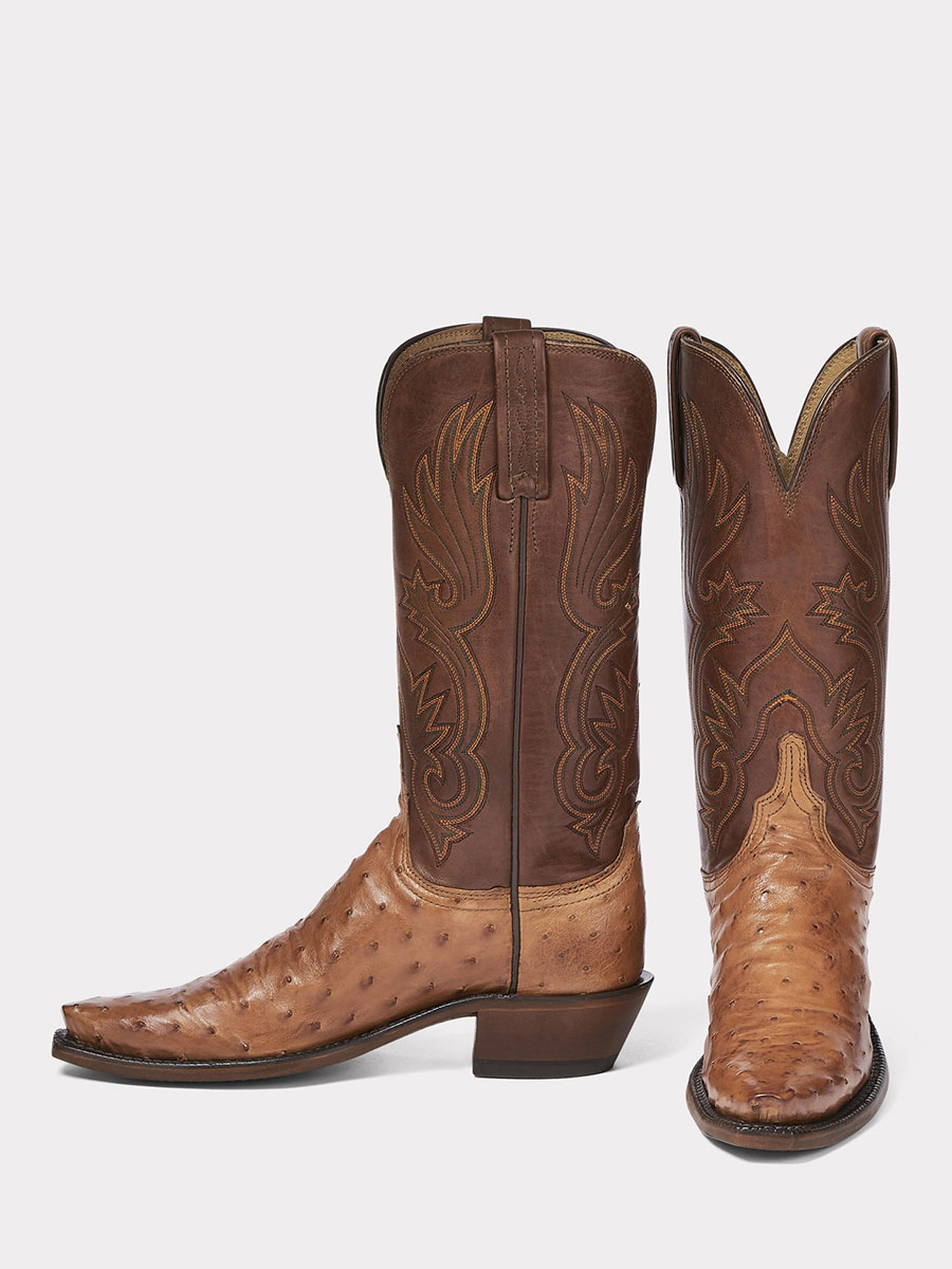 Brown Ostrich Embossed Snip Toe Embroidered Mid-Calf Cowgirl Boots