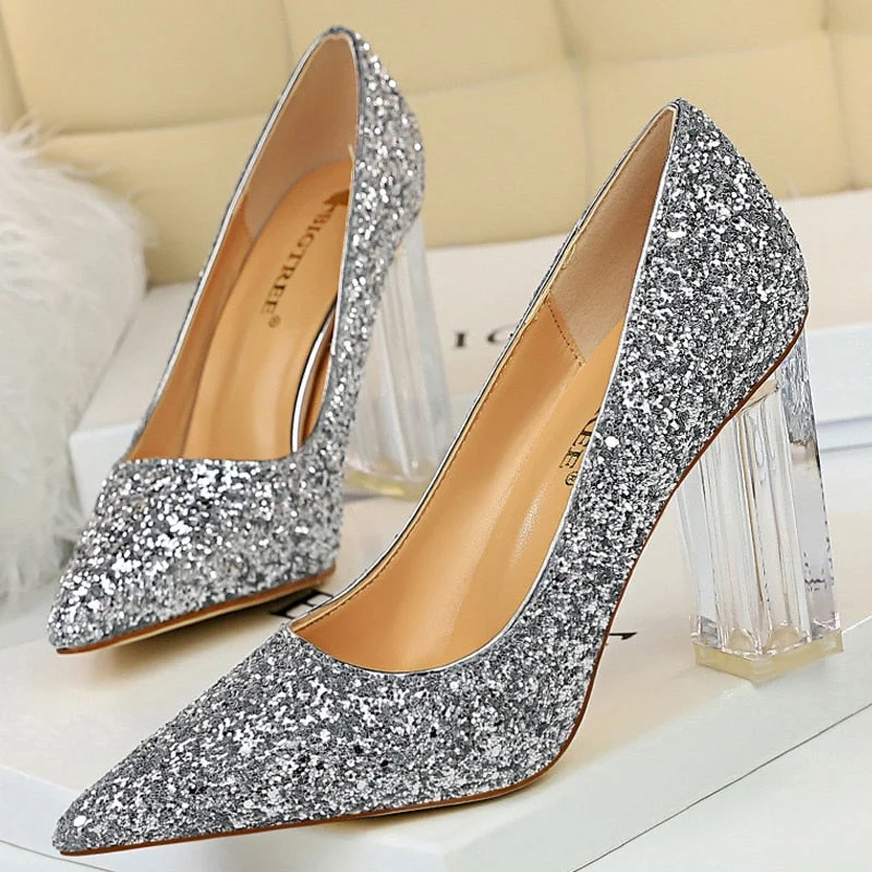 Vstacam  Shoes Transparent Heels Women Pumps Sequins Wedding Shoes Square Heels Women Shoes Crystal Heel Sexy Heeled Shoes 2023