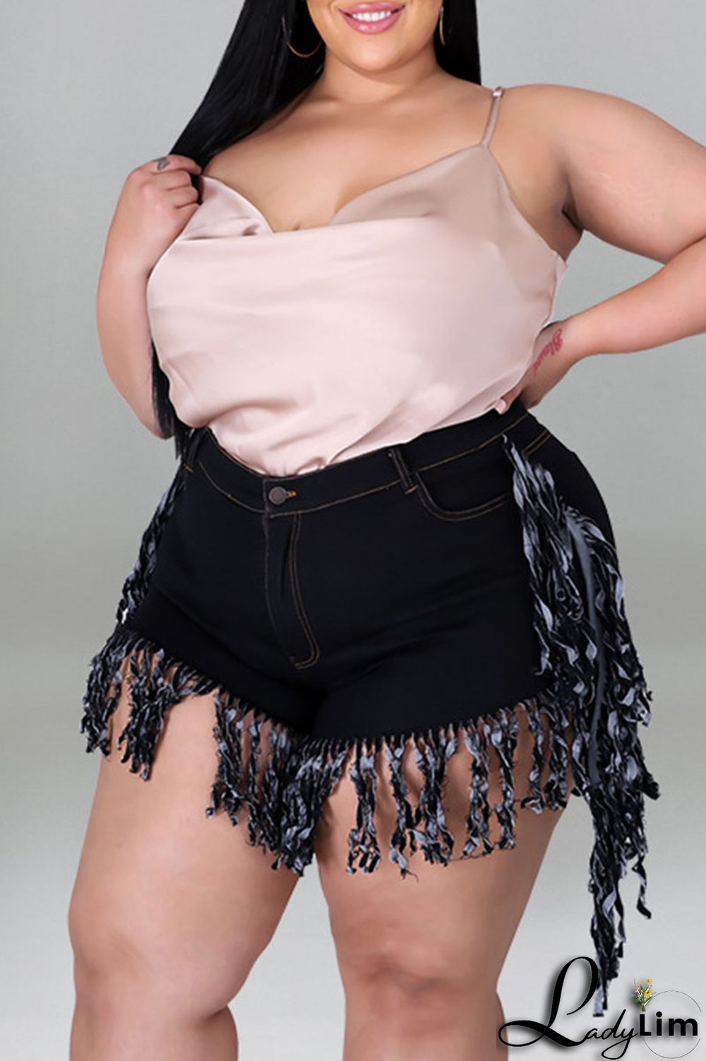 Black Casual Street Solid Tassel Patchwork Plus Size Jeans