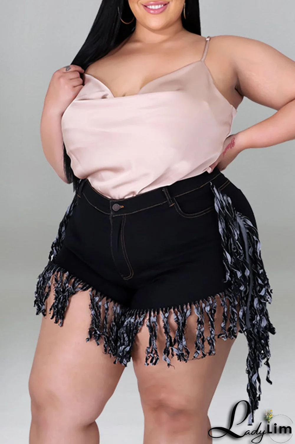 Black Casual Street Solid Tassel Patchwork Plus Size Jeans