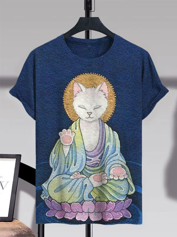 Men's Lotus Cat Buddha Spiritual Art Print T-Shirt