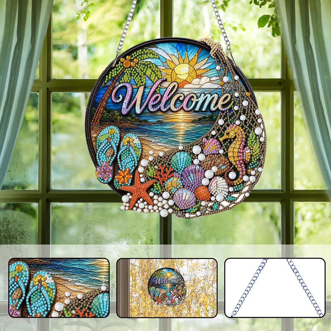Beach Seahorse Welcome Sign 2D Flat DIY PET Diamond Painting Pendant Special Shape Hanging Gem Art Paintings Charm Single Side Drill for Adults Home Wall Window Decor