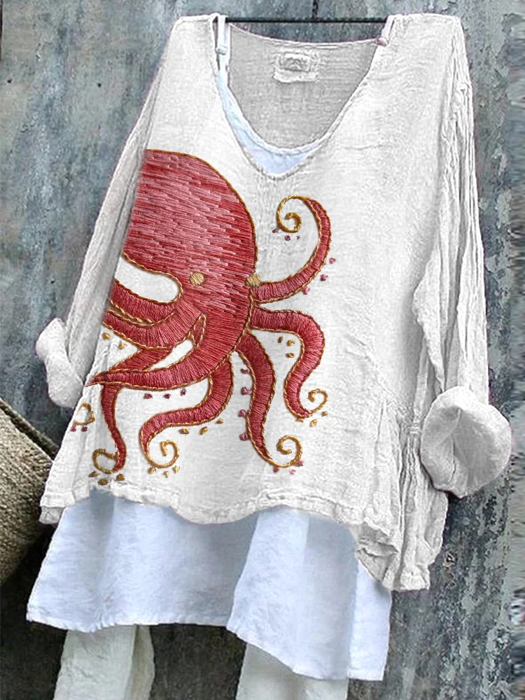 Octopus Embroidery Pattern Linen Blend Casual Shirt