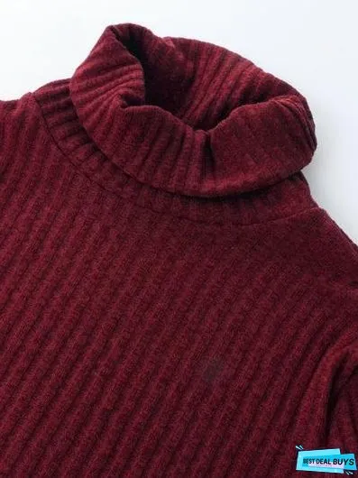 Fashion Long Sleeve Casual High Neck Striped Knit Sweater Dress