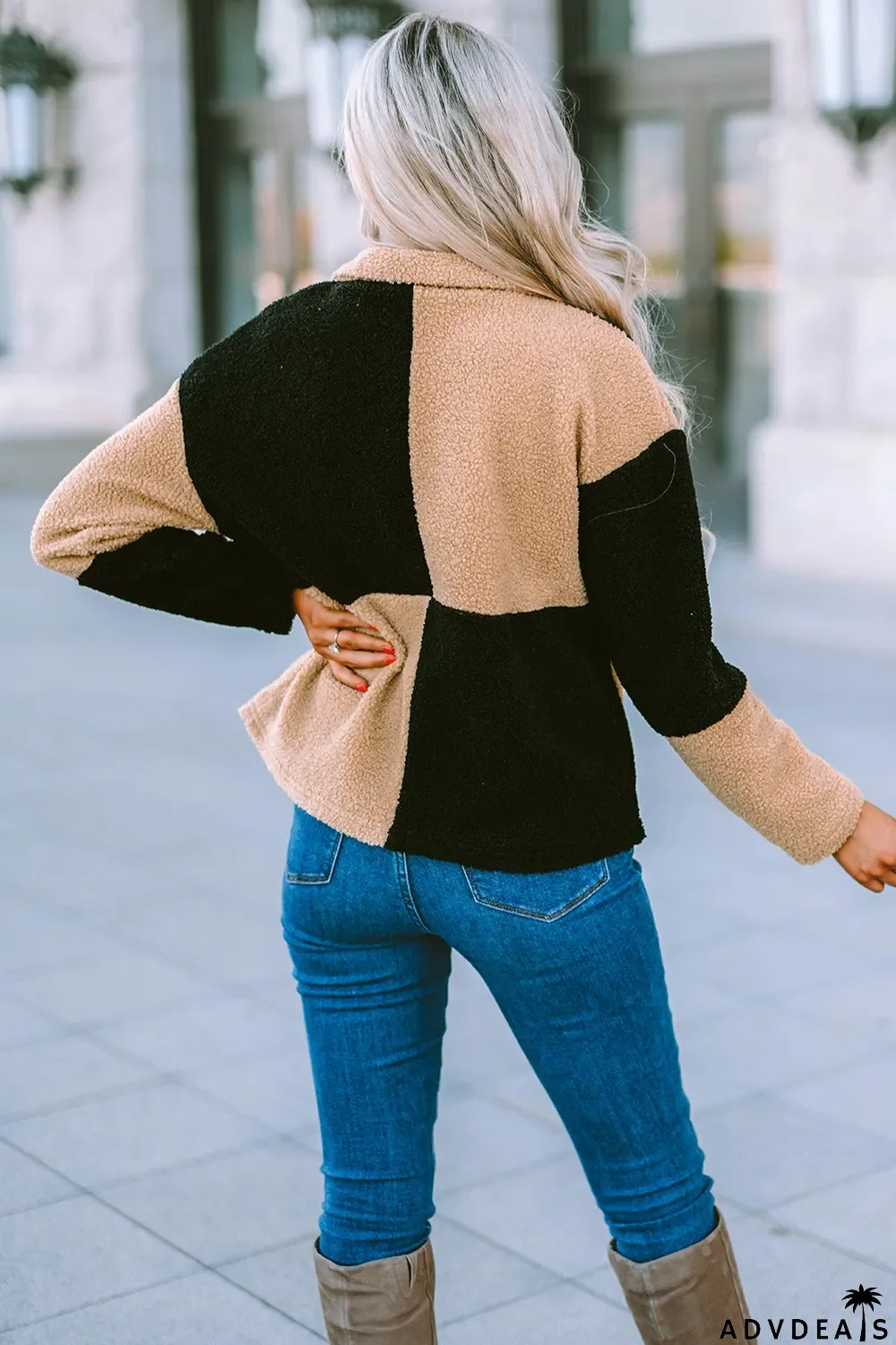 Colorblock Checkered Sherpa Jacket