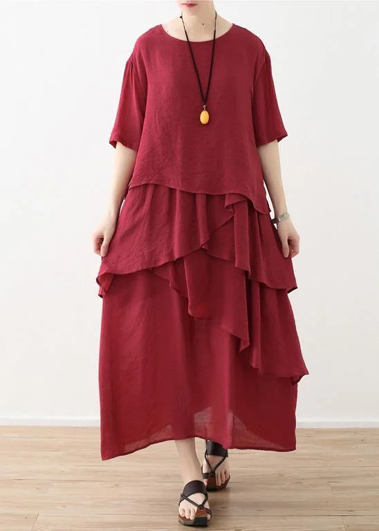 French red linen cotton dresses Omychic Tutorials asymmetric Robe summer Dresses