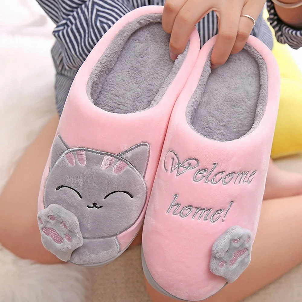 Vstacam  Home Indoor Slippers Women Winter Warm Cartoon Cat Slippers Bedroom Lovers Couples Soft Unisex Female Male Slides Plush Shoes