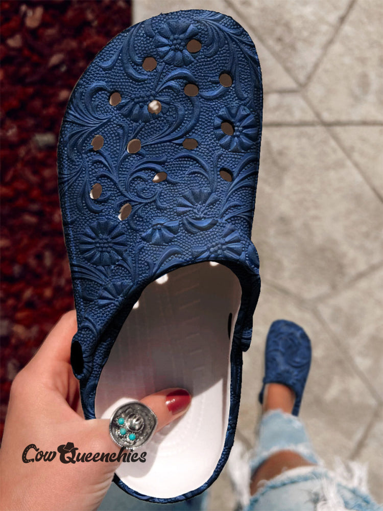 Blue Flower Dark Pattern Printed Casual Slippers Blue / 36