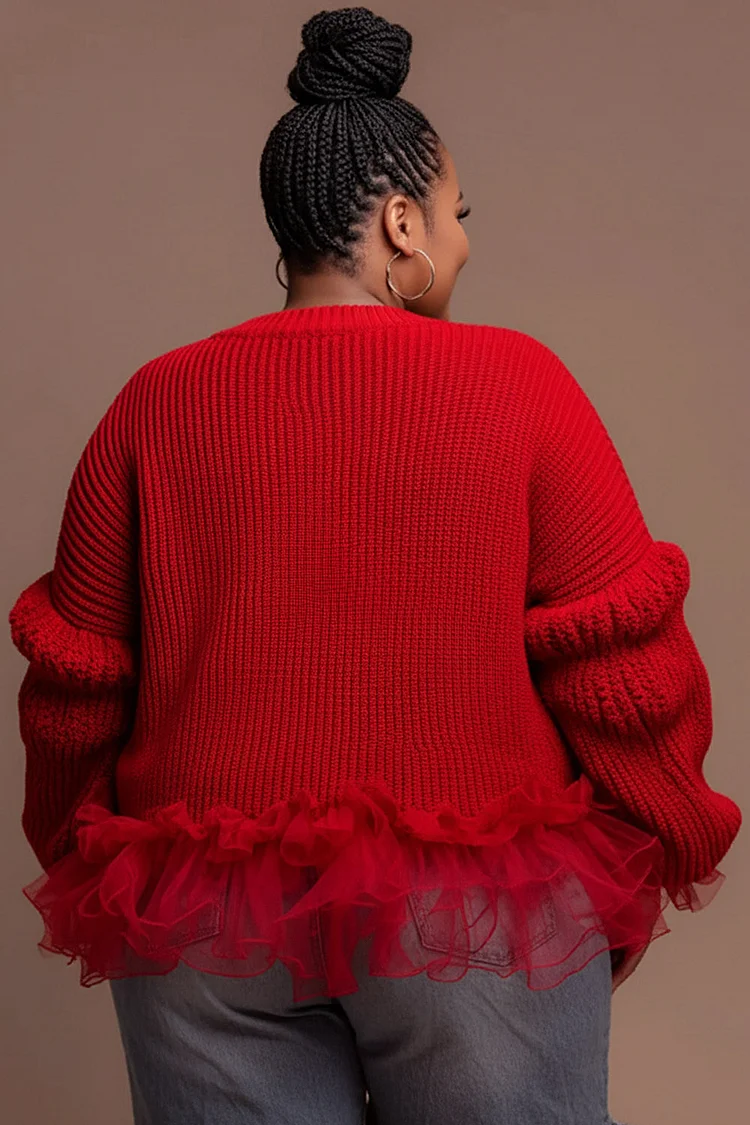 Xpluswear Design Plus Size Christmas Red Round Neck Long Sleeve Ruffle Casual Contrast Crochet Sweaters [Pre-Order]