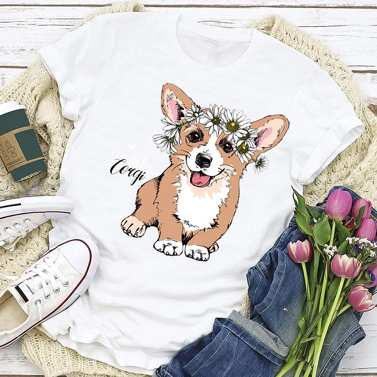 Dog wearing daisies  T-shirt Tee - 02085-Annaletters
