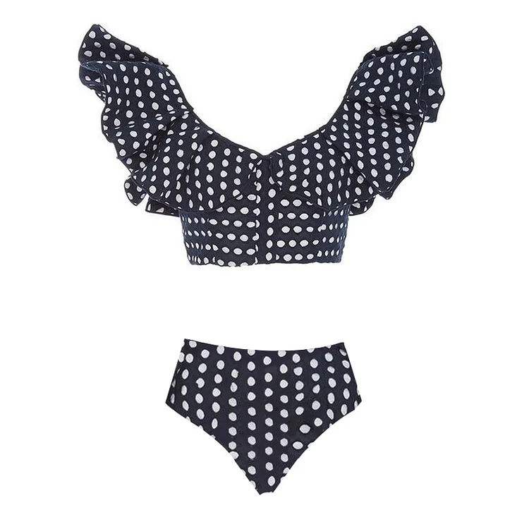 V Neck Ruffle Dot Printed Bikini Swimsuit Flaxmaker