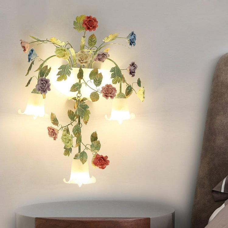 White Glass Colored Flower Sconce Pastoral Style 5 Lights Bedroom Wall Mounted Light Fixture