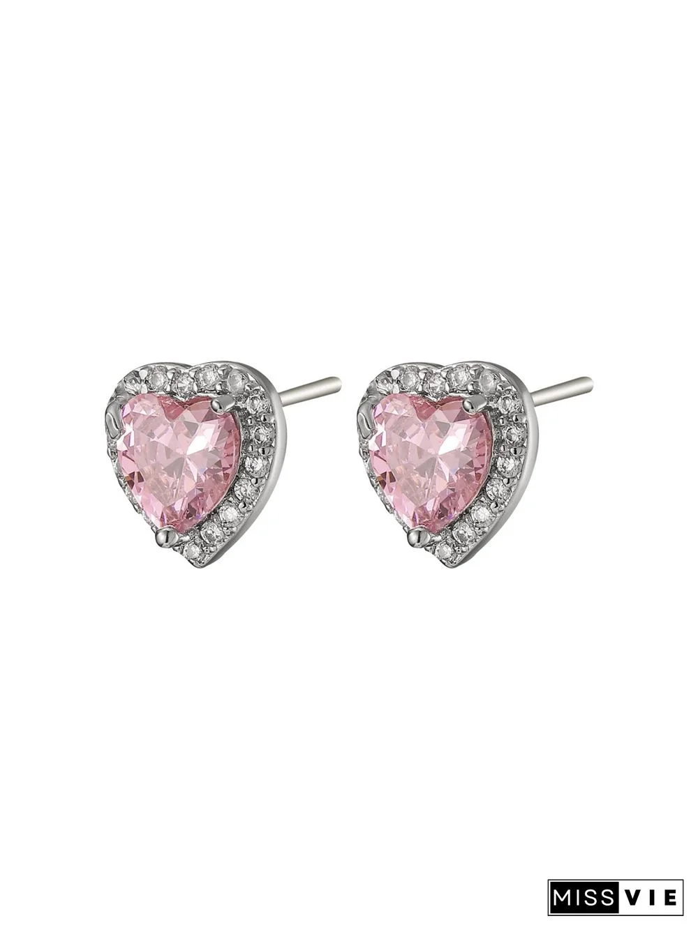 Full Diamond Pink Zircon Heart Stud Earrings Commuter Jewelry