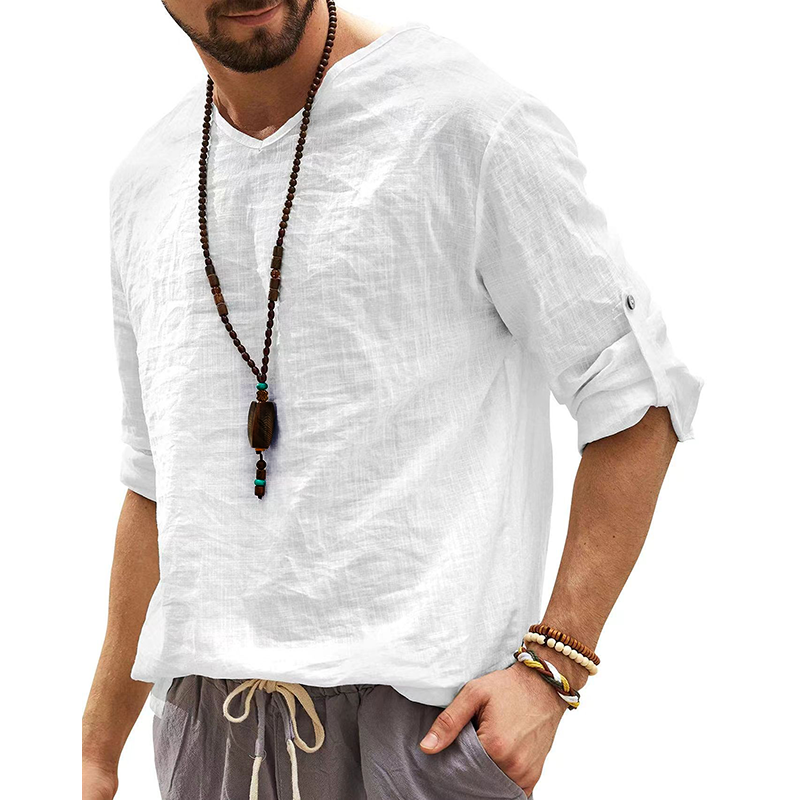 Men's Summer V-Neck Linen Casual Shirt、、URBENIE