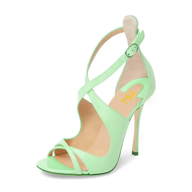 Mint Green Stiletto Heels Crossover Strap Patent Leather Sandals |FSJ Shoes