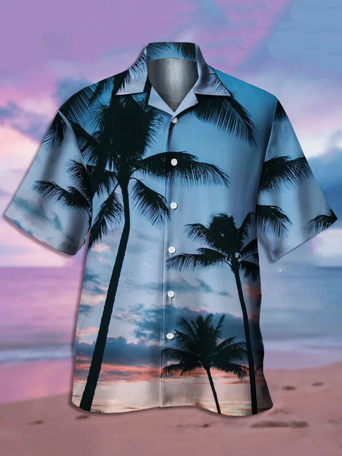 Mens Fancy Hawaiian Coconut Tree Print Casual Short Sleeve Shirts
