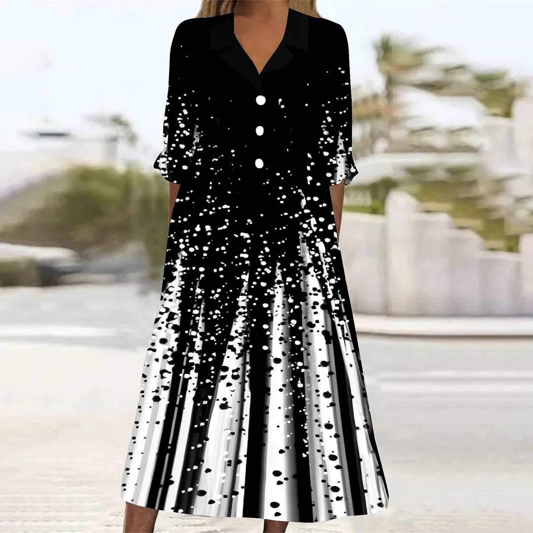 Women Casual Loose Dress with Pockets in Pattern Gradient, White, Ray, Black, 