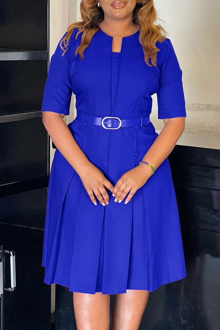 Irregular Neck Half Sleeve Pleated Hem Belted A-Line Midi Dresses-Blue