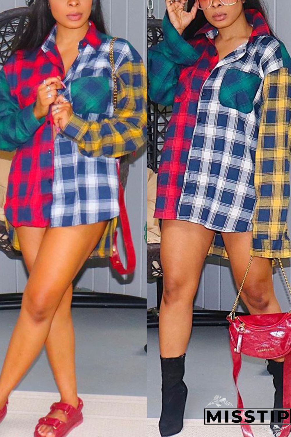 multicolor Fashion Casual Blends Plaid Patchwork Print Patchwork Buttons Cardigan Shirt Collar Tops