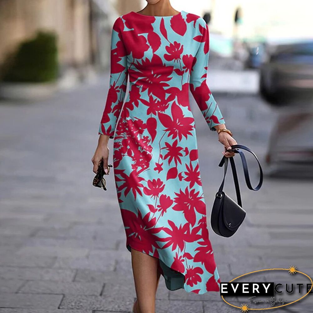 Elegant Long Sleeve O Neck Dress Women Autumn Fashion Floral Printed Asymmetric Dress Casual Slim Office Ladies Dresses New