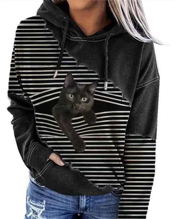 Women Fashion Cat Print Drawstring Hoodies