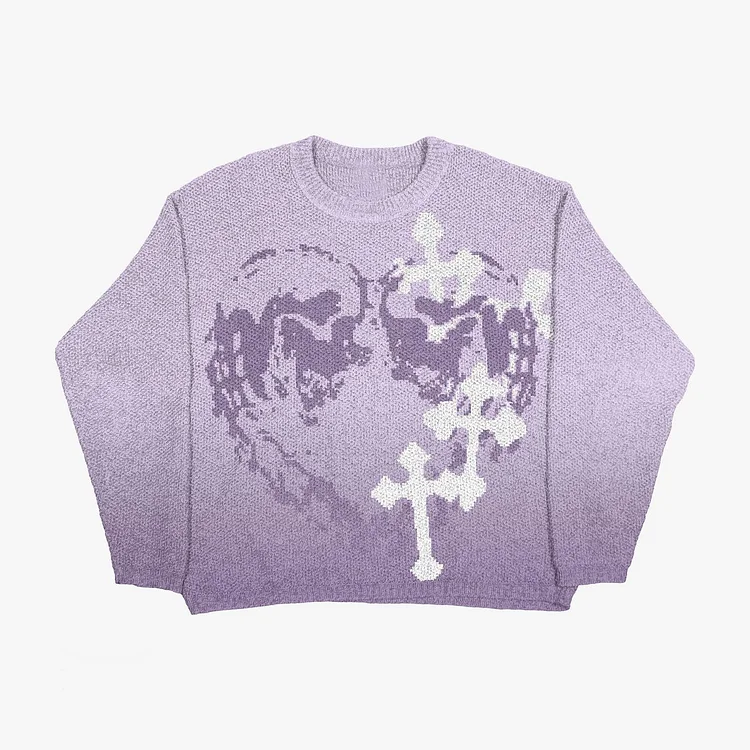 Purple Ombre Skull Cross Knit Loose Sweater Pullover Streetwear Knitted Sweater at Hiphopee