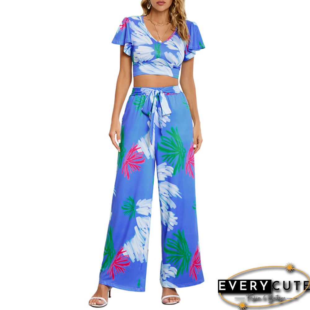 Blue Printed V Neck Crop and Wide Leg Pant Set