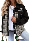 Jaqueta jeans xadrez com manga longa e bot&atilde;o