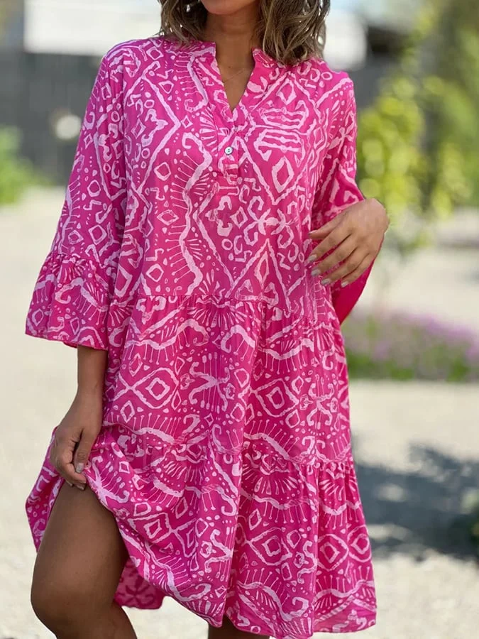 Women's Resort V-Neck Flared Sleeve Printed Patchwork Dress