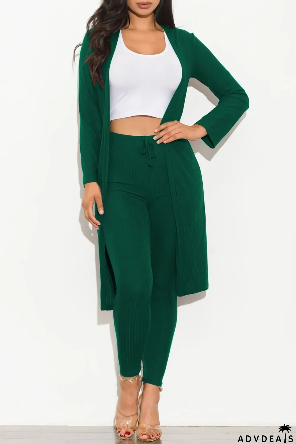 Fall Sexy Green Rib Long Sleeve Cardigan And Matched High Waist Skinny Pants Set