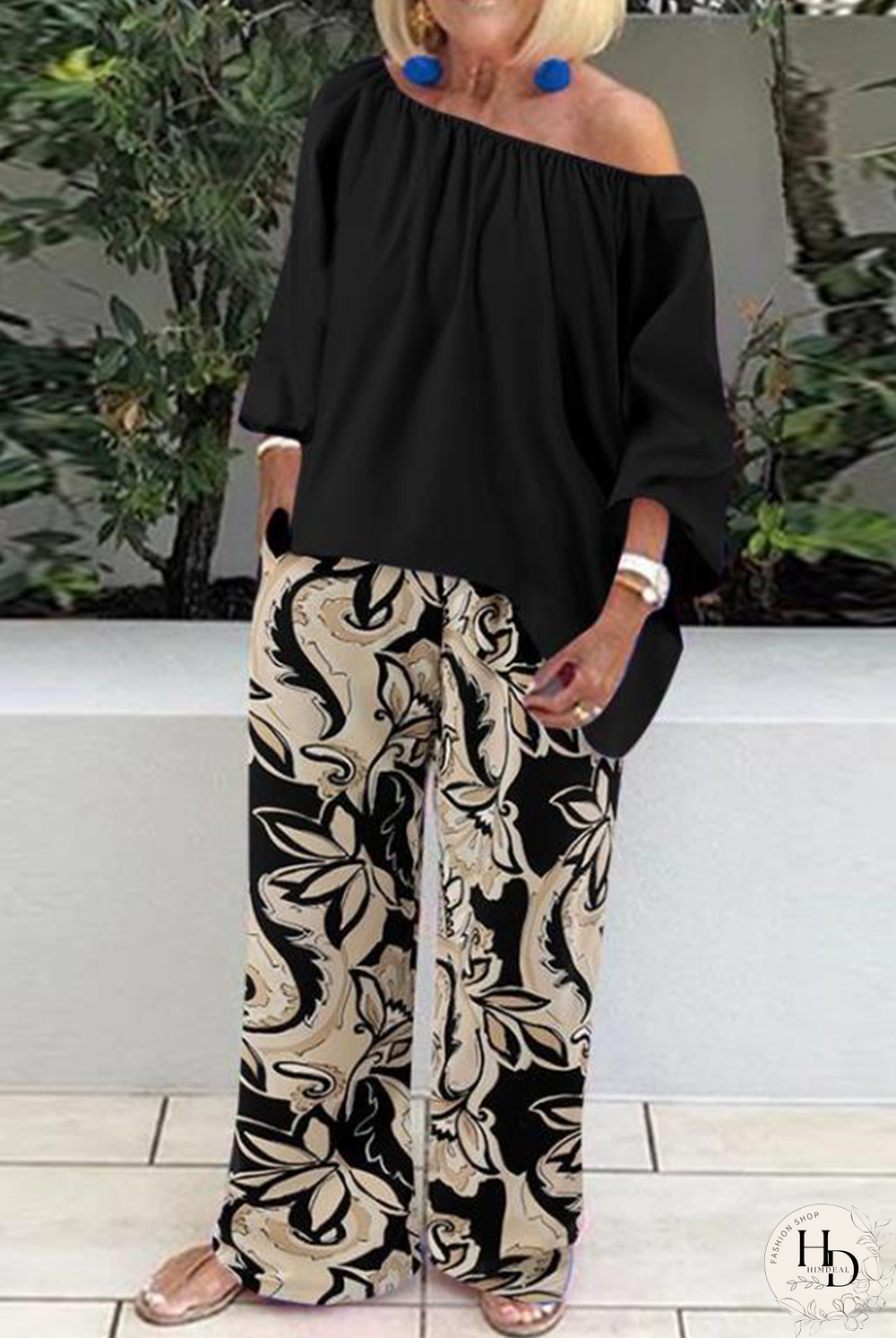 Blue Casual Print Patchwork One Shoulder Half Sleeve Two Pieces